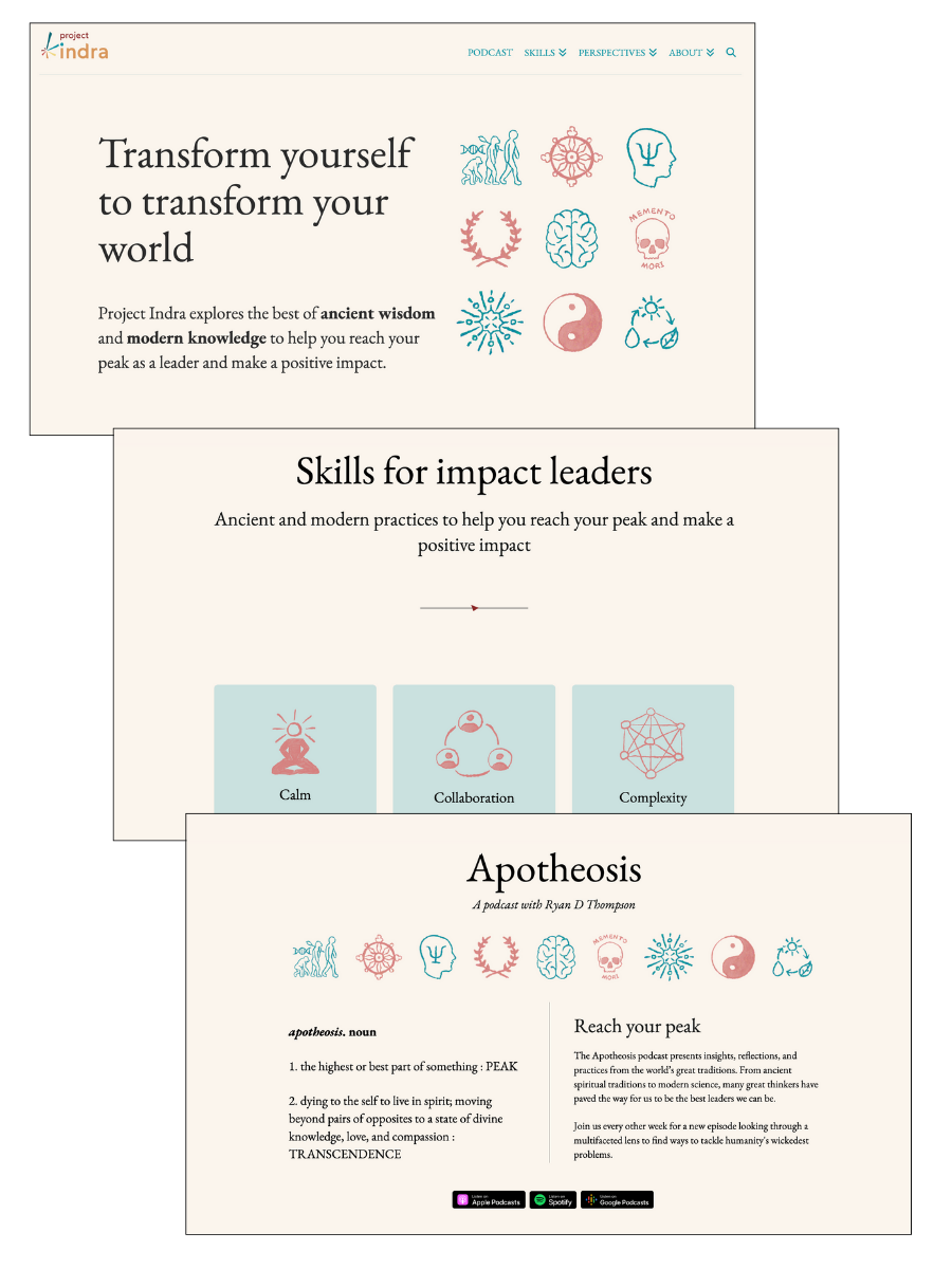 Screenshots of Project Indra website, ancient wisdom and modern knowledge to help impact leaders reach their peak