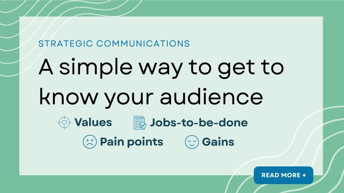 A simple way to get to know your audience Values, jobs-to-be-done, pain points, gains Strategic Communications
