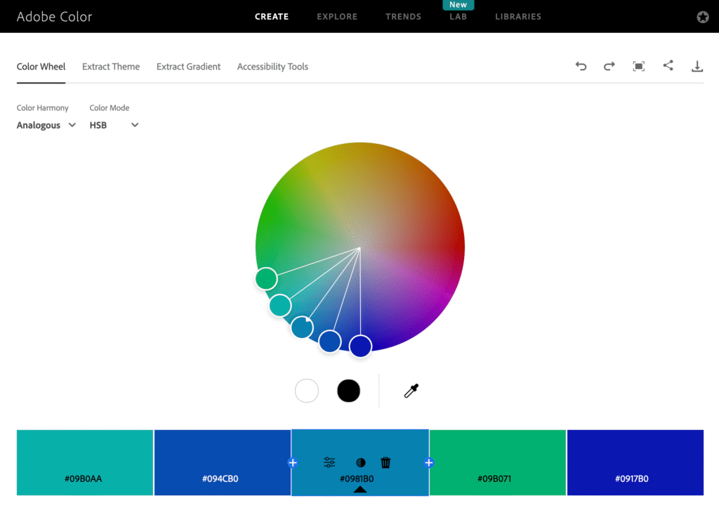 Screenshot of Adobe Color tool, showing analogous color relationships.