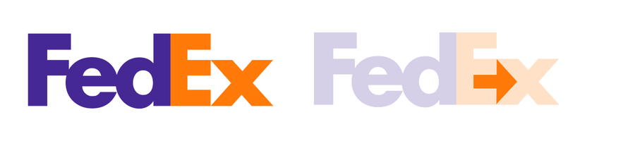 Two versions of the FedEx logo, one normal and one that highlights a hidden arrow in the negative space.