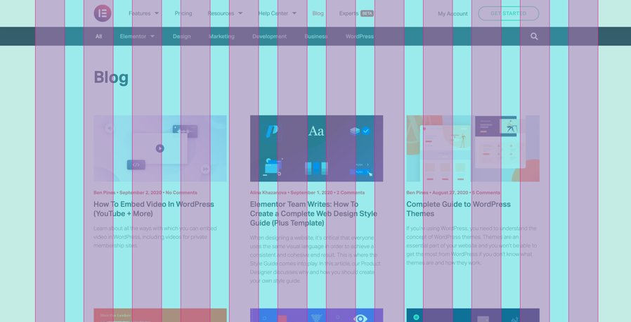 Screenshot of a 12-column layout grid using the WordPress page layout plugin Elementor.