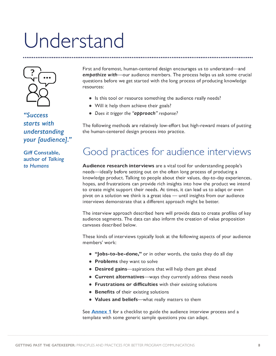 Getting Past the Gatekeeper, a guidebook for USAID with principles and practices for better program communications