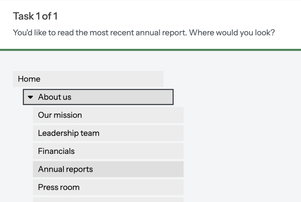 Diagram of a UX test called tree testing to improve website navigation. Shows an example of a task navigating a typical nonprofit website to look for an annual report.